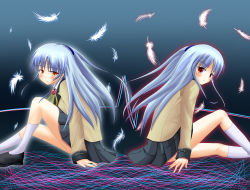 Rule 34 | 2girls, absurdres, angel, angel beats!, back-to-back, black footwear, black skirt, blush, clone, commentary, commentary request, feathers, from side, full body, gradient background, hair ornament, hairclip, highres, jacket, key (company), kneehighs, long hair, long sleeves, looking at viewer, looking to the side, multiple girls, on ground, open mouth, red eyes, ribbon, school uniform, shoes, silver hair, simple background, sitting, skirt, socks, sumeshi (4165), tenshi (angel beats!), white legwear, yellow eyes