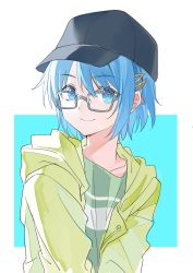 Rule 34 | 1girl, alternate costume, aqua background, baseball cap, bespectacled, black hat, blue eyes, blue hair, border, casual, close-up, closed mouth, collarbone, dot nose, eyes visible through hair, female focus, flat chest, glasses, green jacket, green shirt, grey-framed eyewear, hair ornament, hairclip, hat, highres, hood, hood down, jacket, looking afar, mahou shoujo madoka magica, mahou shoujo madoka magica (anime), miharu (susgnzjgwdhgqui), miki sayaka, open clothes, open jacket, shirt, short hair, sidelighting, sideways glance, smile, solo, square, striped clothes, striped shirt, tsurime, two-tone background, upper body, v arms, white border