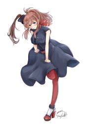 Rule 34 | 10s, 1girl, anchor, belt, black dress, blue eyes, breast pocket, breasts, brown hair, commentary request, dress, full body, gurifu, hair between eyes, kantai collection, large breasts, leg up, long hair, looking at viewer, neckerchief, pocket, ponytail, red legwear, red neckerchief, rudder footwear, saratoga (kancolle), side ponytail, signature, simple background, smile, solo, white background
