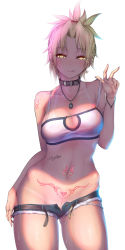 Rule 34 | 1girl, :q, bare shoulders, blonde hair, blush, bound, bound wrists, bracelet, breasts, cleavage, clothes pull, collar, denim, denim shorts, earrings, fate/apocrypha, fate (series), heart, heart-shaped pupils, heart earrings, heart tattoo, highres, hip focus, jewelry, looking at viewer, micro shorts, mordred (fate), mordred (fate/apocrypha), mordred (memories at trifas) (fate), nikuku (kazedesune), pubic tattoo, short hair, short shorts, shorts, shorts pull, simple background, solo, symbol-shaped pupils, tan, tanline, tattoo, thighs, tongue, tongue out, white background