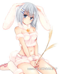 Rule 34 | 1girl, animal ears, arm strap, belt, breasts, choker, cleavage, crop top, date a live, floating hair, fur trim, hair between eyes, hair ornament, hairclip, head tilt, hibiki mio, holding, long hair, looking at viewer, medium breasts, midriff, navel, paw shoes, rabbit ears, rabbit tail, shoes, short shorts, shorts, silver hair, simple background, sitting, solo, stomach, strapless, tail, tobiichi origami, white background, white footwear, white shorts