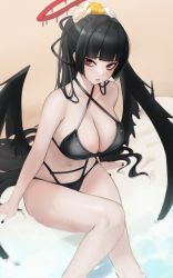 Rule 34 | 1girl, absurdres, bare arms, bare legs, bare shoulders, beach, bikini, black bikini, black hair, black wings, blue archive, blunt bangs, blush, breasts, cleavage, collarbone, criss-cross halter, feathered wings, ginggi, hair ornament, halterneck, highres, large breasts, long hair, looking at viewer, nail polish, navel, outdoors, parted lips, ponytail, red eyes, sand, sitting, solo, swimsuit, thighs, tsurugi (blue archive), tsurugi (swimsuit) (blue archive), very long hair, water, wet, wings