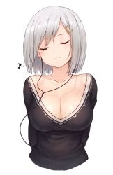 Rule 34 | 10s, 1girl, alternate costume, arms behind back, breasts, cleavage, closed eyes, collarbone, earphones, female focus, hair ornament, hairclip, hamakaze (kancolle), happy, kantai collection, large breasts, listening to music, musical note, nazunakku, short hair, silver hair, simple background, smile, solo, sweater, upper body, white background