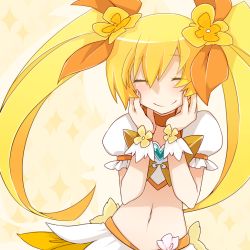 Rule 34 | 10s, 1girl, ^ ^, bad id, bad pixiv id, blonde hair, bow, brooch, closed eyes, cure sunshine, eyelashes, hair ribbon, hands on own face, happy, heart, heart brooch, heartcatch precure!, jewelry, kishiro azuhito, long hair, magical girl, midriff, myoudouin itsuki, navel, orange bow, precure, ribbon, skirt, smile, solo, twintails, wrist cuffs, yellow background, yellow bow, yellow skirt, yellow theme