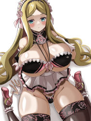 Rule 34 | 1girl, alternate costume, bikini, blonde hair, blue eyes, breasts, caitlin (pokemon), creatures (company), enmaided, game freak, highres, hizakake, huge breasts, long hair, maid, nintendo, parted bangs, pokemon, pokemon bw, revision, sidelocks, simple background, solo, swimsuit, thick thighs, thighs, very long hair, wavy hair, white background