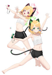 Rule 34 | 2girls, absurdres, alternate costume, animal ear headphones, animal ears, bare legs, barefoot, black shorts, blonde hair, blue archive, blush, bow, breasts, camisole, cat ears, controller, crop top, dolphin shorts, fake animal ears, full body, game controller, green eyes, hair bow, headphones, highres, holding, holding controller, holding game controller, k hottok, looking at viewer, midori (blue archive), momoi (blue archive), multiple girls, navel, nintendo switch, red eyes, shorts, siblings, simple background, sisters, small breasts, soles, stomach, sweatdrop, tail, toes, white background, white camisole