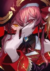 Rule 34 | 1girl, absurdres, ascot, black hat, closed mouth, eyepatch, eyepatch pull, finger to mouth, hair between eyes, hair ribbon, hand up, hat, heterochromia, highres, hololive, houshou marine, long hair, long sleeves, looking at viewer, open mouth, pirate hat, red ascot, red background, red eyes, red hair, red ribbon, ribbon, roitz ( roitz ), solo, twintails, upper body, virtual youtuber, yellow eyes