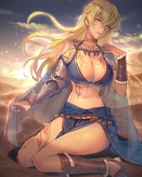 Rule 34 | 1girl, absurdres, alternate costume, armlet, armor, artist name, blonde hair, breast tattoo, breasts, choker, cleavage, commission, commissioner upload, crop top, dark-skinned female, dark skin, female focus, fire emblem, fire emblem: the binding blade, fujikawa arika, highres, igrene (fire emblem), jewelry, large breasts, leg tattoo, long hair, matching hair/eyes, midriff, mole, mole under eye, navel, necklace, nintendo, non-web source, parted lips, sandals, signature, skeb commission, solo, stomach, stomach tattoo, tattoo, yellow eyes