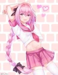 Rule 34 | 1boy, :d, alec-gdlk, androgynous, arms behind head, arms up, astolfo (fate), astolfo (sailor paladin) (fate), bad id, bad pixiv id, black bow, bow, braid, braided ponytail, crossdressing, fate/apocrypha, fate (series), hair between eyes, hair bow, hair intakes, heart, highres, long hair, looking at viewer, male focus, midriff, miniskirt, navel, official alternate costume, open mouth, pink eyes, pink hair, pink neckwear, pink sailor collar, pink skirt, pleated skirt, sailor collar, school uniform, serafuku, shirt, short sleeves, single braid, skirt, smile, solo, stomach, thighhighs, trap, twitter username, very long hair, white shirt, white thighhighs, zettai ryouiki