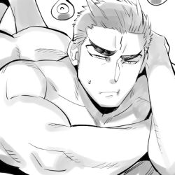 Rule 34 | 1boy, aizen (housamo), ass, bara, completely nude, elbow rest, greyscale, kijima hyogo, long sideburns, looking at viewer, male focus, monochrome, muscular, muscular male, nude, pectorals, pout, short hair, sideburns, solo, sweatdrop, tokyo houkago summoners