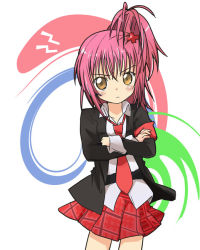 Rule 34 | 1girl, brown eyes, cowboy shot, crossed arms, hair bobbles, hair ornament, hinamori amu, ixy, long sleeves, looking at viewer, necktie, pink hair, plaid, plaid skirt, pleated skirt, red necktie, red skirt, short hair, shugo chara!, side ponytail, simple background, skirt, solo, white background