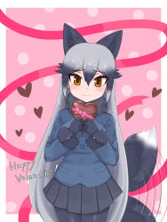 Rule 34 | 1girl, :3, afterimage, animal ears, aramaru, black bow, black bowtie, black hair, black pantyhose, black shirt, black skirt, blazer, blue jacket, blush, bow, bowtie, box, brown eyes, closed mouth, commentary, cowboy shot, english commentary, extra ears, fang, fox ears, fox tail, fur-trimmed sleeves, fur collar, fur trim, gift, gift box, gradient hair, grey hair, happy valentine, heart, heart-shaped box, highres, holding, holding gift, jacket, kemono friends, long hair, long sleeves, looking at viewer, miniskirt, motion lines, multicolored hair, necktie, outside border, pantyhose, pink background, pleated skirt, polka dot, polka dot background, ribbon, shirt, silver fox (kemono friends), skirt, smile, solo, standing, tail, tail wagging, valentine, very long hair