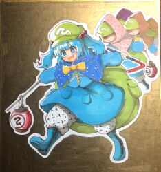 Rule 34 | 1girl, :d, backpack, bag, blue capelet, blue eyes, blue footwear, blue hair, boots, bright pupils, capelet, commentary, full body, green hat, hair bobbles, hair ornament, hat, highres, hurin raika, kappa mob (touhou), kawashiro nitori, lantern, open mouth, outline, rubber boots, smile, solo focus, touhou, traditional media, two side up, white outline, white pupils, yellow capelet