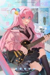 Rule 34 | 1girl, absurdres, black socks, blue eyes, bocchi the rock!, commission, cube hair ornament, electric guitar, gibson les paul, gotoh hitori, grey skirt, guitar, hair between eyes, hair ornament, hair over eyes, highres, holding, holding instrument, indoors, instrument, jacket, long hair, long sleeves, looking at viewer, music, musical note, one side up, open mouth, pink hair, pink jacket, playing instrument, pleated skirt, poster (object), shirt, sitting, sitting on stairs, skirt, socks, solo, stairs, sudong tangyuan, track jacket