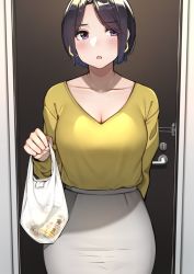 Rule 34 | 1girl, arm behind back, bag, beer can, black hair, blush, breasts, can, cleavage, collarbone, commentary request, cowboy shot, door, drink can, earrings, grey skirt, hand up, high-waist skirt, holding, holding bag, indoors, jewelry, large breasts, long sleeves, looking at viewer, mature female, necklace, open mouth, original, parted bangs, plastic bag, purple eyes, sakura no tomoru hi e, shirt, shirt tucked in, short hair, skirt, solo, standing, v-neck, yellow shirt