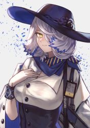 Rule 34 | 1girl, arknights, bag, black hat, blue hair, blue neckwear, blue scarf, commentary request, flower, gomashiwo o, hair over one eye, hand on own chest, hat, hat flower, highres, id card, infection monitor (arknights), jacket, jacket on shoulders, material growth, multicolored hair, orchid (arknights), oripathy lesion (arknights), scarf, short hair, silver hair, simple background, smile, solo, striped clothes, striped scarf, two-tone hair, white background, yellow eyes, yellow scarf