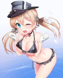 Rule 34 | 10s, 1girl, anchor hair ornament, ass, bikini, black bikini, blonde hair, blue eyes, blush, breasts, butt crack, choker, cleavage, collarbone, covered erect nipples, doyouwantto, frilled bikini, frills, gloves, hair between eyes, hair ornament, halterneck, hat, kantai collection, large breasts, leaning forward, long hair, looking at viewer, microskirt, one eye closed, open mouth, peaked cap, prinz eugen (kancolle), skirt, smile, solo, swimsuit, twintails, white gloves