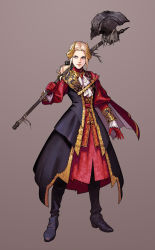 Rule 34 | 1girl, aiguillette, axe, black footwear, bloodborne, boots, brooch, brown background, cape, ascot, edelgard von hresvelg, fire emblem, fire emblem: three houses, full body, gloves, gold trim, highres, horns, jewelry, long sleeves, looking at viewer, nintendo, over shoulder, purple eyes, red cape, red gloves, shroedinger, simple background, solo