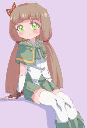 Rule 34 | 1girl, absurdres, blush, bow, brown hair, capelet, dot nose, fingerless gloves, foot out of frame, gloves, green capelet, green eyes, green footwear, green skirt, hair bow, hair ornament, highres, leaf, leaf hair ornament, long hair, looking at viewer, low twintails, maple leaf, maplestory, pleated skirt, purple background, red bow, rune (dualhart), shirt, simple background, sitting, skirt, sleeveless, sleeveless shirt, smile, solo, sugar (maplestory), thighhighs, twintails, white shirt, white thighhighs