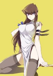 Rule 34 | 1girl, :|, absurdres, arm belt, blue eyes, breasts, brown hair, china dress, chinese clothes, closed mouth, dress, garter straps, genderswap, genderswap (mtf), grey thighhighs, hand on own hip, highres, kaiba seto, large breasts, long hair, looking at viewer, maruchi, pelvic curtain, purple eyes, simple background, skindentation, sleeveless, sleeveless dress, solo, standing, standing on one leg, thighhighs, white dress, yellow background, yu-gi-oh!, yu-gi-oh! duel monsters