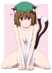 Rule 34 | 1girl, ?, animal ear fluff, animal ears, bare arms, bare legs, bare shoulders, barefoot, blush, border, breasts, breasts apart, brown eyes, brown hair, cat ears, cat tail, chen, collarbone, commentary, downblouse, earrings, full body, green hat, hat, highres, jewelry, looking at viewer, mob cap, multiple tails, no bra, nori tamago, pink background, shiny skin, shirt, short hair, single earring, small breasts, solo, squatting, tail, tank top, toes, touhou, two tails, v arms, white border, white shirt