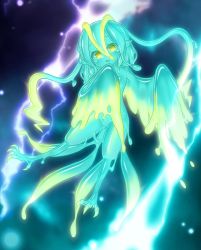 Rule 34 | 1girl, blue hair, claws, curss, glowing, glowing eyes, harpy, highres, monster girl, slime girl, smile, solo, storm, wings, yellow eyes