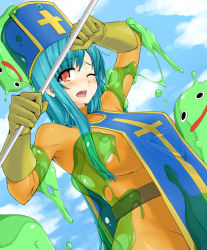 Rule 34 | 1girl, ;o, aqua hair, arm up, armpits, belt, black eyes, blue hair, blush, bodysuit, breasts, bubble slime, chunsoft, clenched hand, cloud, colored skin, cowboy shot, cross, curvy, day, dragon quest, dragon quest iii, dutch angle, enix, gloves, green skin, hat, holding, large breasts, latex, long hair, looking at viewer, messy, mitre, monster, object on head, one eye closed, open mouth, outdoors, priest (dq3), puffy nipples, red eyes, sidelocks, sky, slime (creature), slime (substance), smile, square enix, staff, tabard, tears, torathi, transparent, turtleneck, very long hair, weapon, wince