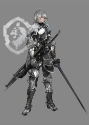 Rule 34 | 1girl, absurdres, ahoge, armor, armored boots, arms at sides, bodevarc, boots, braid, breastplate, female knight, fur trim, gauntlets, green hair, grey background, highres, holding, holding sword, holding weapon, knight, lion print, looking at viewer, original, plate armor, purple eyes, standing, sword, weapon