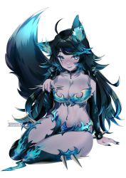 Rule 34 | 1girl, animal ear fluff, animal ears, armor, bikini, bikini armor, black hair, blue bikini, blue eyeshadow, blue hair, blue nails, blue thighhighs, breasts, cleavage, colored skin, commentary, commission, detached sleeves, english commentary, eyeshadow, gradient hair, grey skin, highres, indie virtual youtuber, lucid luna, makeup, medium breasts, multicolored hair, nail polish, navel, navel piercing, pelvic curtain, piercing, scar, scar across eye, sitting, smile, solo, spikes, spite (vtuber), spite (vtuber) (2nd costume), stomach, swimsuit, tail, thighhighs, virtual youtuber, white background, wolf ears, wolf girl, wolf tail