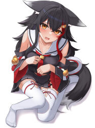 Rule 34 | 1girl, absurdres, animal ears, black hair, black serafuku, black skirt, blush, breasts, cleavage, collarbone, commentary request, cropped shirt, crossed bangs, detached sleeves, eyelashes, fang, feet, hair between eyes, hands up, highres, hololive, kouhaku nawa, large breasts, legs, long hair, looking at viewer, micon, miniskirt, multicolored hair, neckerchief, no shoes, ookami mio, ookami mio (1st costume), open mouth, orange eyes, pleated skirt, red hair, red neckerchief, rope, school uniform, serafuku, shadow, shimenawa, shirt, sidelocks, simple background, sitting, skin fang, skirt, sleeveless, sleeveless shirt, solo, streaked hair, tabi, tail, tearing up, thighhighs, toes, virtual youtuber, white background, white thighhighs, wide sleeves, wolf ears, wolf girl, wolf tail