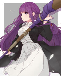 Rule 34 | 1girl, black coat, breasts, closed mouth, coat, commentary request, dress, drop shadow, expressionless, fern (sousou no frieren), highres, large breasts, long hair, purple eyes, purple hair, shards, solo, sousou no frieren, staff, sumishake, very long hair, white dress