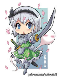 Rule 34 | 1girl, armor, armored boots, armored skirt, black hairband, black ribbon, blue eyes, blush stickers, boots, breastplate, chibi, colonel aki, commentary request, dress, english text, foreshortening, gauntlets, green dress, hairband, holding, holding sword, holding weapon, konpaku youmu, konpaku youmu (ghost), looking at viewer, open mouth, petals, pointing sword, pointing weapon, ribbon, sheath, sheathed, short hair, silver hair, solo, sword, touhou, v-shaped eyebrows, watermark, weapon, web address