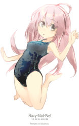 Rule 34 | 1girl, ahoge, barefoot, blush, brown eyes, highres, jumping, konno takashi (frontier pub), long hair, looking at viewer, one-piece swimsuit, open mouth, original, pink hair, school swimsuit, solo, swimsuit, wet, wet clothes, wet swimsuit