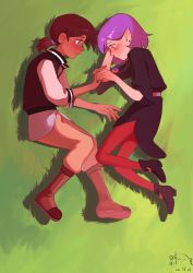 Rule 34 | 2girls, amity blight, blush, boots, brown hair, couple, dark-skinned female, dark skin, eye contact, grass, highres, holding hands, jacket, jewelry, letterman jacket, looking at another, luz noceda, lying, multiple girls, necklace, on side, pointy ears, purple hair, short hair, short ponytail, smile, the owl house, yuri, yushx31