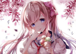 Rule 34 | 1girl, :p, blue eyes, blue sailor collar, blurry, blurry background, blush, bow, brown hair, closed mouth, depth of field, finger to mouth, food, hair bow, head tilt, holding, holding food, ice cream, ice cream cone, long hair, mutang, original, pink bow, plant, puffy short sleeves, puffy sleeves, sailor collar, school uniform, serafuku, shirt, short sleeves, smile, solo, tongue, tongue out, triple scoop, twintails, upper body, water drop, white shirt