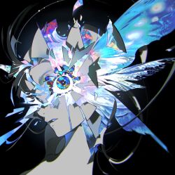Rule 34 | 1girl, abstract, black background, blue eyes, butterfly wings, cracked skin, glowing, glowing eyes, highres, insect wings, looking at viewer, original, portrait, solo, tagme, wings, yoneyama mai