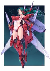 Rule 34 | 1girl, armor, armpits, bad id, bad pixiv id, blue background, boots, compile, expressionless, full body, green hair, guardic gaiden, highres, knee boots, long hair, mecha musume, red armor, red hair, revealing clothes, solo, system d.p., the guardian (guardic gaiden), vuccha