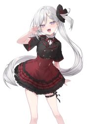 Rule 34 | 1girl, absurdres, belt, blue archive, blush, chungu, commentary request, hair ornament, highres, long hair, looking at viewer, mutsuki (blue archive), open mouth, purple eyes, school uniform, side ponytail, simple background, solo, teeth, thigh strap, very long hair, white background, white hair