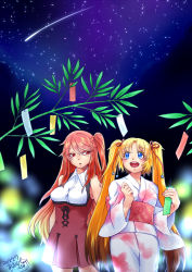 Rule 34 | 2girls, aomushi sekka, artist name, bamboo, bare shoulders, blonde hair, blue eyes, breasts, dated, dress, hair ornament, hair ribbon, japanese clothes, kimono, large breasts, long hair, looking up, multiple girls, night, night sky, open mouth, original, red eyes, red hair, ribbon, shooting star, side ponytail, signature, sky, star (sky), tanabata, tanzaku, teeth, twintails