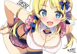 Rule 34 | 1girl, blonde hair, blue eyes, blue shirt, bracelet, breasts, cleavage, detached collar, hachimiya meguru, hair ornament, hairclip, hand on own hip, highres, idolmaster, idolmaster shiny colors, jewelry, large breasts, looking at viewer, low twintails, midriff, ootomo takuji, open mouth, shirt, simple background, solo, standing, star (symbol), star hair ornament, tagme, thighhighs, twintails, white background