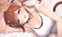 Rule 34 | 1girl, armpits, ayamy, ayamy (vtuber), black choker, blue eyes, blush, breasts, brown hair, cat hair ornament, cat tail, choker, cleavage, collarbone, fang, fingernails, hair ornament, indie virtual youtuber, large breasts, long hair, looking at viewer, lying, on side, open mouth, skin fang, smile, tail, upper body, virtual youtuber