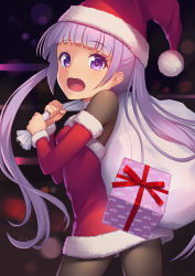 Rule 34 | 1girl, athrun1120, black pantyhose, box, christmas, cowboy shot, dress, from side, fur trim, gift, gift box, hat, holding, light purple hair, long hair, long sleeves, new game!, open mouth, pantyhose, purple eyes, red dress, sack, santa costume, santa hat, solo, suzukaze aoba, twintails, very long hair, wavy mouth