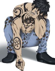 Rule 34 | 1boy, abs, arm tattoo, artist name, black footwear, black hair, blue eyes, blue pants, chest tattoo, covered mouth, earrings, fingernails, full body, hand tattoo, hand up, highres, jewelry, long sideburns, looking at viewer, male focus, multiple earrings, navel hair, one piece, pants, pinattsu, print pants, shadow, topless male, shoes, short hair, sideburns, solo, squatting, tattoo, toned, toned male, trafalgar law, twitter username, veins