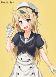 Rule 34 | 1girl, :d, anti (untea9), arm at side, beret, black neckerchief, black sailor collar, black shirt, blonde hair, blue eyes, blush, coin, cowboy shot, crop top, dirty, dirty face, dress, gloves, hat, highres, jervis (kancolle), kantai collection, leaf, leaf on head, looking at viewer, messy hair, money, neckerchief, open mouth, sailor collar, shirt, short sleeves, smile, solo, standing, straight hair, tareme, twitter username, white dress, white gloves, white hat