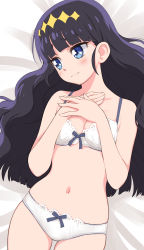 Rule 34 | 1girl, black hair, blue eyes, blunt bangs, blush, bra, breasts, closed mouth, commentary request, delicious party precure, hairband, highres, kasai amane, kikurage (crayon arts), long hair, lying, navel, on back, panties, precure, small breasts, underwear, underwear only, white bra, white panties