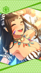 Rule 34 | 1girl, artist request, bandeau, blush, breasts, brown hair, cleavage, closed eyes, dark skin, facepaint, framed image, hairband, hand on forehead, jewelry, large breasts, necklace, official art, open mouth, phantom of the kill, resheph, ribbon, smile, striped bandeau, swimsuit, tiger stripes, white hairband, wristband