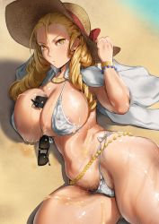 Rule 34 | 1girl, abs, bikini, blonde hair, breasts, capcom, cellphone, curvy, drill hair, female pubic hair, glasses, hat, highres, jewelry, kanzuki karin, kunaboto, large breasts, large nipples, long hair, looking at viewer, necklace, oil, phone, pubic hair, puffy nipples, street fighter, street fighter v, string bikini, sun hat, swimsuit, thighs, white bikini, yellow eyes
