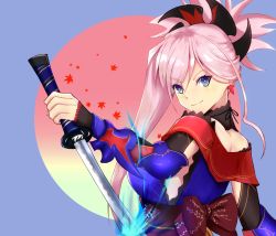 Rule 34 | 1girl, asymmetrical hair, blue eyes, blue kimono, breasts, detached sleeves, earrings, fate/grand order, fate (series), gao kawa, hair ornament, holding, holding sword, holding weapon, japanese clothes, jewelry, katana, kimono, large breasts, looking at viewer, miyamoto musashi (fate), miyamoto musashi (second ascension) (fate), obi, pink hair, ponytail, sash, sleeveless, sleeveless kimono, solo, sword, upper body, weapon