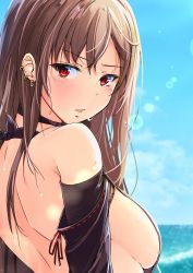 Rule 34 | 1girl, black choker, black sleeves, blue sky, blurry, blurry background, breasts, brown hair, choker, day, detached sleeves, earrings, fate/grand order, fate (series), from side, hair between eyes, jewelry, k3rd, large breasts, lens flare, long hair, long sleeves, looking at viewer, ocean, open mouth, outdoors, red eyes, shoulder blades, sideboob, sky, solo, triangle mouth, upper body, wet, wet hair, yu mei-ren (fate)
