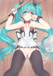 Rule 34 | 1girl, black thighhighs, breasts, detached collar, garter straps, green eyes, hatsune miku, highres, long hair, lying, nail polish, on back, panties, qiongsheng, small breasts, solo, suggestive fluid, tearing up, thighhighs, twintails, underwear, very long hair, vocaloid, white panties, wrist cuffs